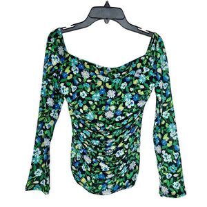 New AFRM Los Angeles Floral Off Shoulder Long-Sleeve Mesh Ruched Top Size S